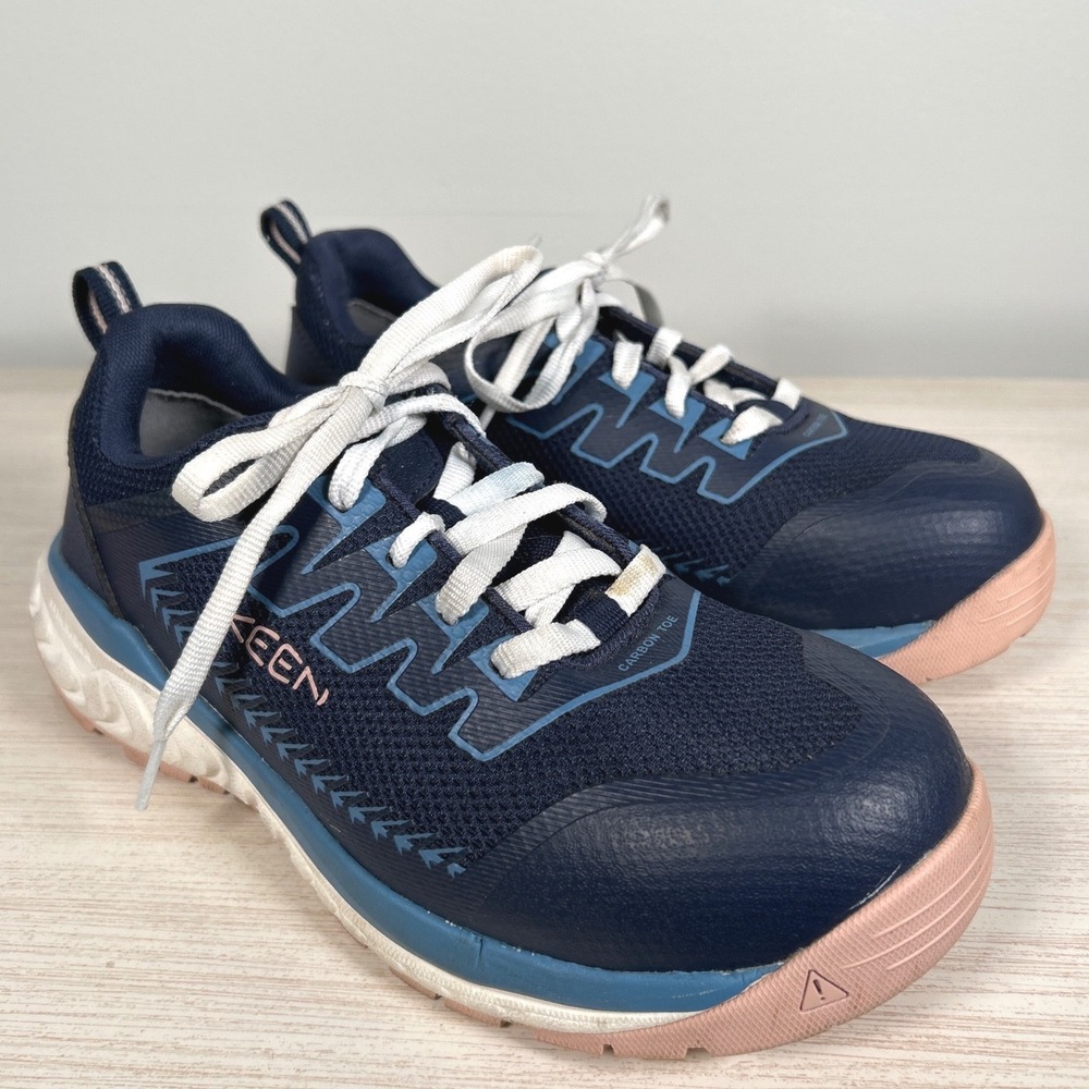 Keen Utility Women Work Shoes Navy Blue Pink Safety Carbon Toe Laces Sz 7.5M